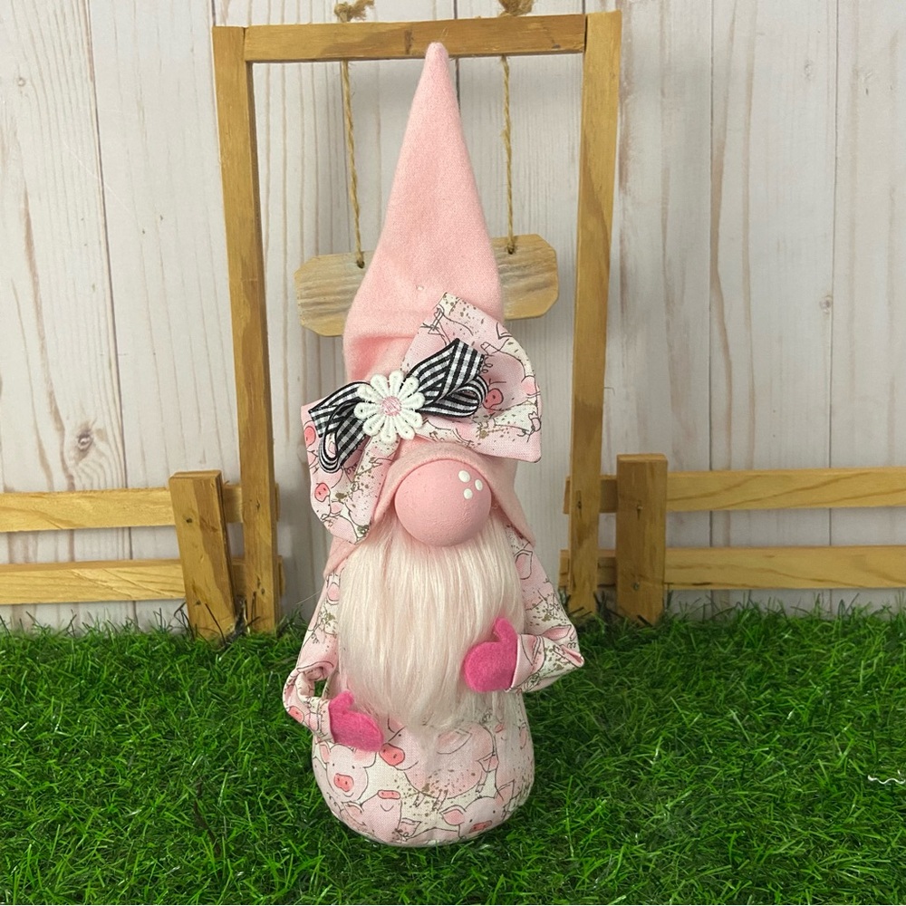 Handmade Pig Gnome, Pink Flannel Hat, Buffalo Plaid Bow, Farmhouse Decor